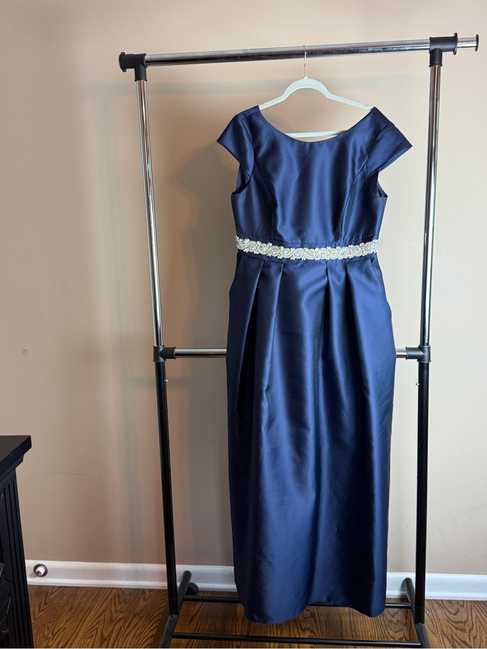 Alfred Sung Midnight Blue Satin A-Line Cap Sleeve Pleated Skirt Dress w/ Pockets - Picture 9 of 14